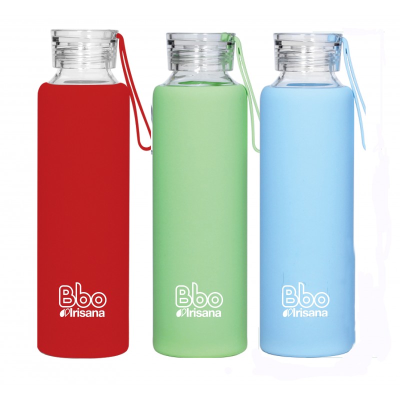 Botella Bbo Irisana de vidrio de borosilicato y funda de silicona. 550 ml.