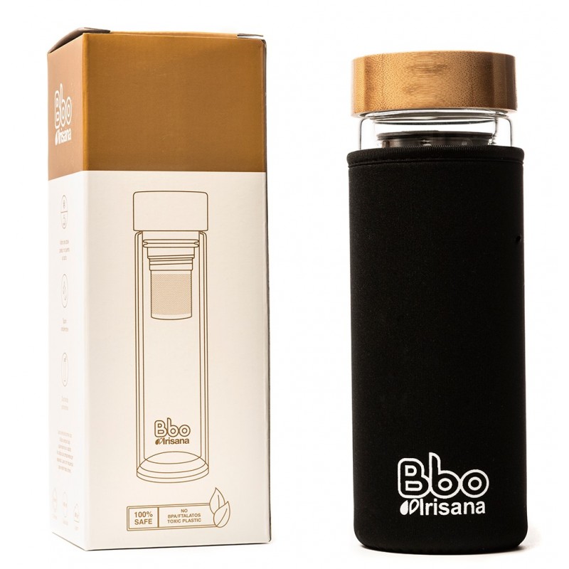 Infusionador Bbo Irisana de doble pared de vidrio de Borosilicato con tapón de bambú y funda de neopreno. 400 ml.