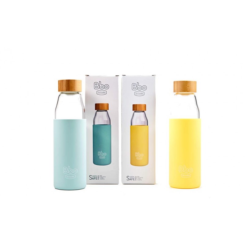 BOTELLA BBO18 IRISANA BOROSILICATO CON SILICONA Y TAPON DE BAMBU 500ML